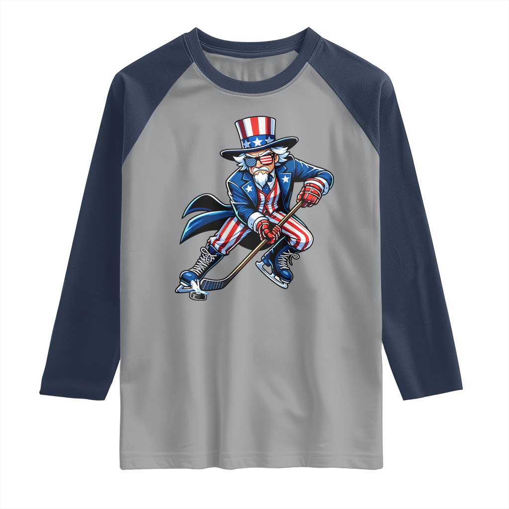 Uncle Sam Playing Hockey Patriotic Graphic Raglan Shirt Funny USA Ice Hockey American Pride TS02 Sport Gray Navy Print Your Wear