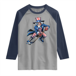 Uncle Sam Playing Hockey Patriotic Graphic Raglan Shirt Funny USA Ice Hockey American Pride TS02 Sport Gray Navy Print Your Wear