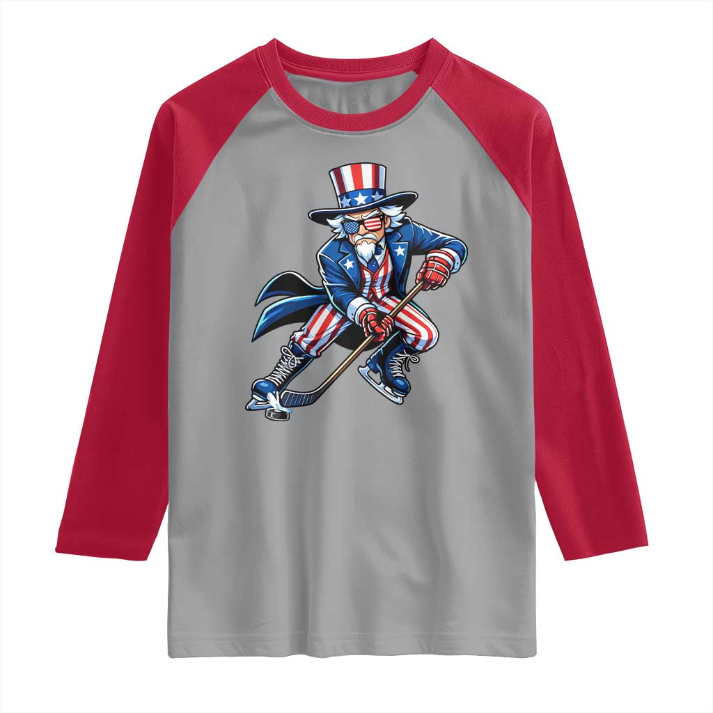 Uncle Sam Playing Hockey Patriotic Graphic Raglan Shirt Funny USA Ice Hockey American Pride TS02 Sport Gray Red Print Your Wear
