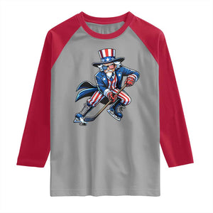 Uncle Sam Playing Hockey Patriotic Graphic Raglan Shirt Funny USA Ice Hockey American Pride TS02 Sport Gray Red Print Your Wear