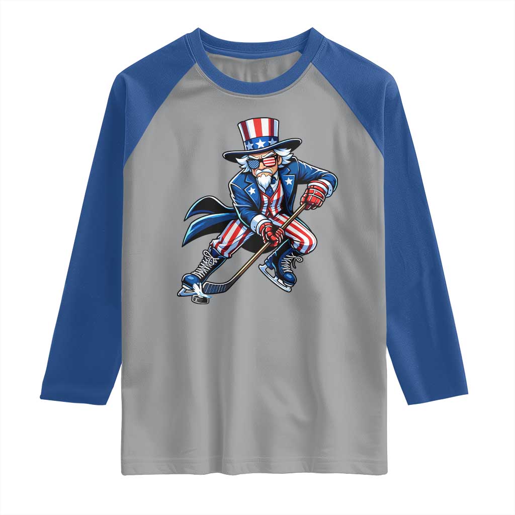 Uncle Sam Playing Hockey Patriotic Graphic Raglan Shirt Funny USA Ice Hockey American Pride TS02 Sport Gray Royal Print Your Wear