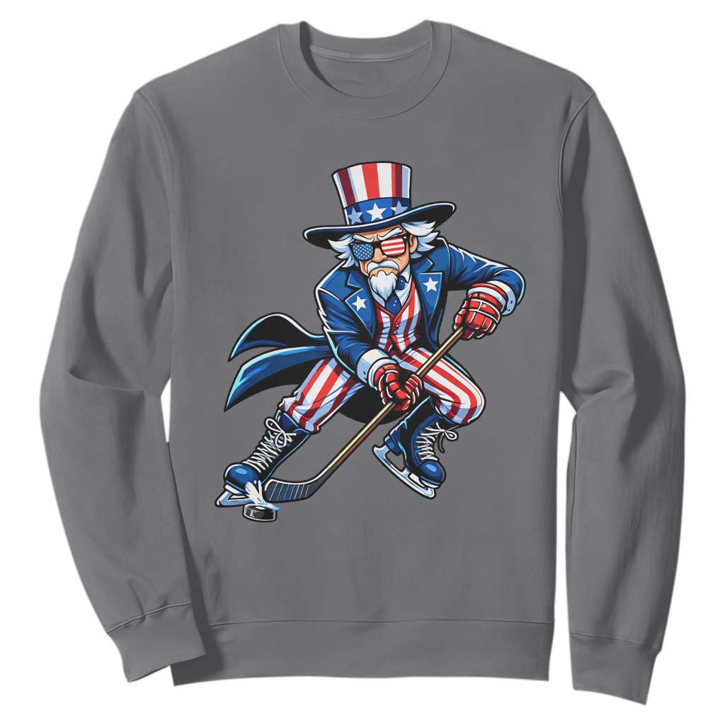 Uncle Sam Playing Hockey Patriotic Graphic Sweatshirt Funny USA Ice Hockey American Pride TS02 Charcoal Print Your Wear
