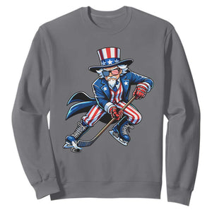 Uncle Sam Playing Hockey Patriotic Graphic Sweatshirt Funny USA Ice Hockey American Pride TS02 Charcoal Print Your Wear