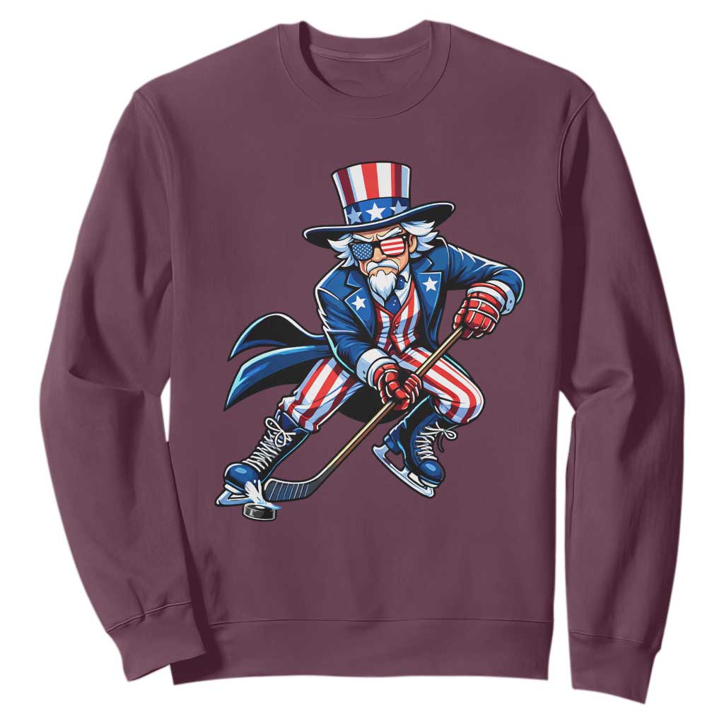 Uncle Sam Playing Hockey Patriotic Graphic Sweatshirt Funny USA Ice Hockey American Pride TS02 Maroon Print Your Wear