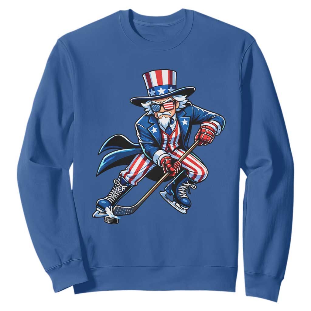 Uncle Sam Playing Hockey Patriotic Graphic Sweatshirt Funny USA Ice Hockey American Pride TS02 Royal Blue Print Your Wear