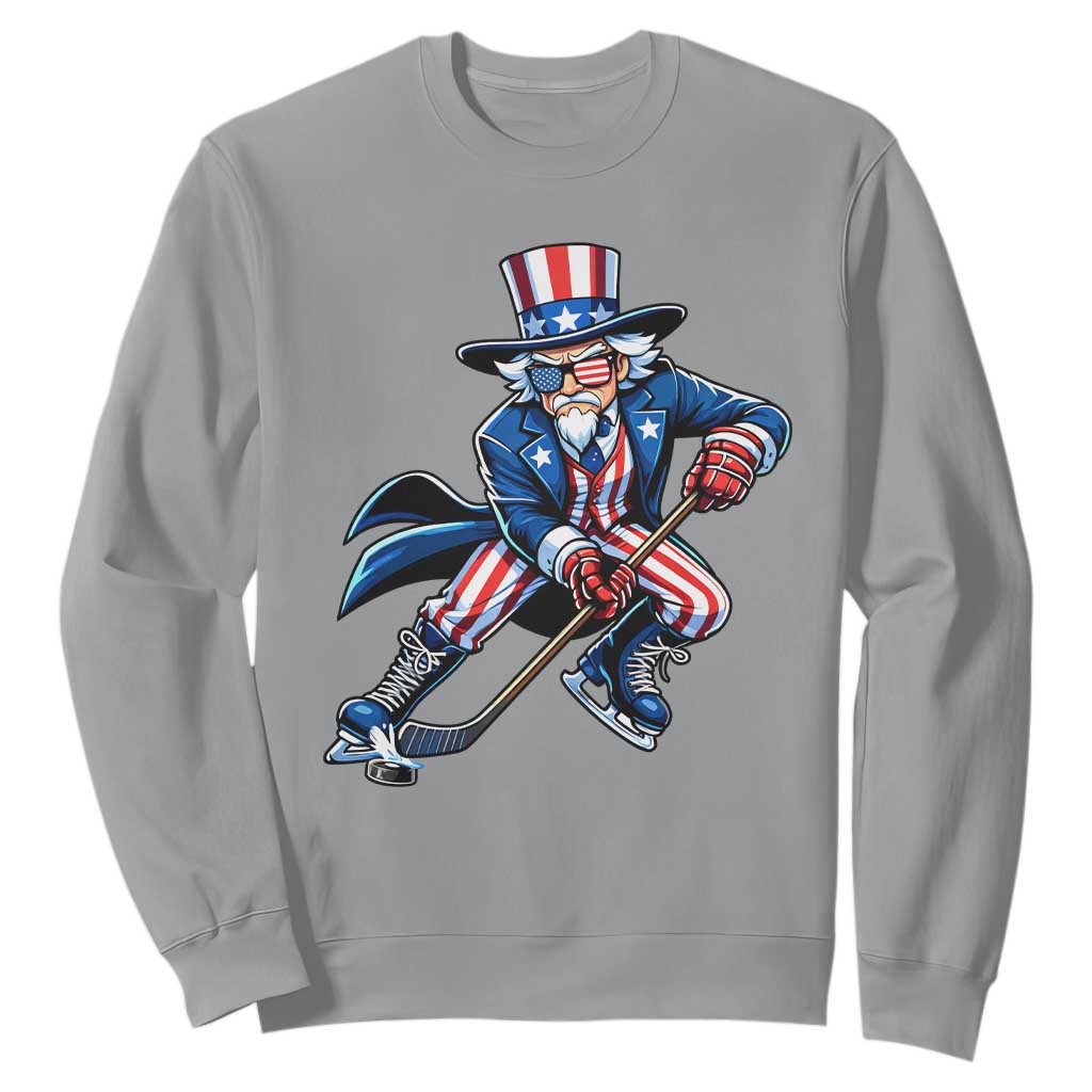 Uncle Sam Playing Hockey Patriotic Graphic Sweatshirt Funny USA Ice Hockey American Pride TS02 Sport Gray Print Your Wear