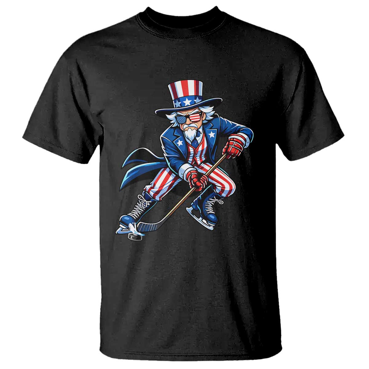 Uncle Sam Playing Hockey Patriotic Graphic T Shirt Funny USA Ice Hockey American Pride