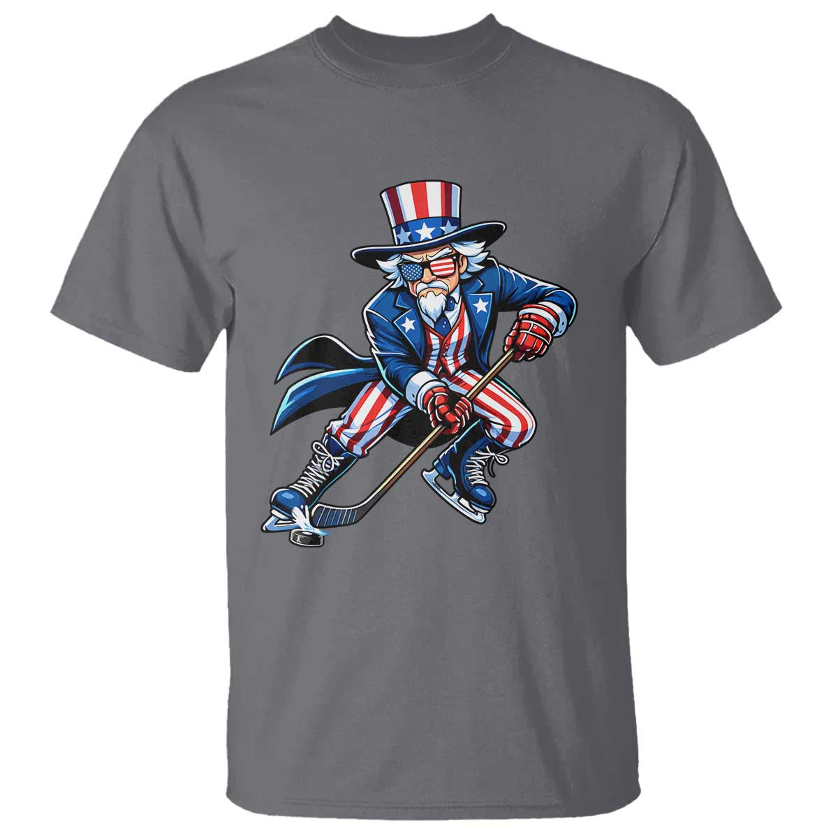 Uncle Sam Playing Hockey Patriotic Graphic T Shirt Funny USA Ice Hockey American Pride TS02 Charcoal Print Your Wear