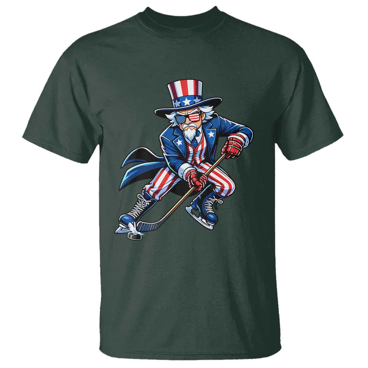 Uncle Sam Playing Hockey Patriotic Graphic T Shirt Funny USA Ice Hockey American Pride TS02 Dark Forest Green Print Your Wear