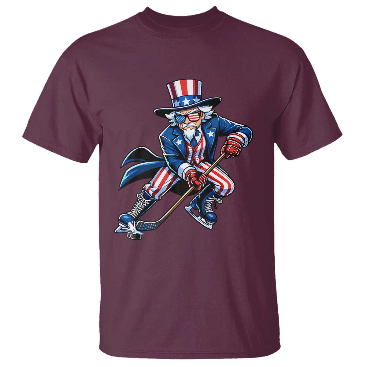 Uncle Sam Playing Hockey Patriotic Graphic T Shirt Funny USA Ice Hockey American Pride TS02 Maroon Print Your Wear