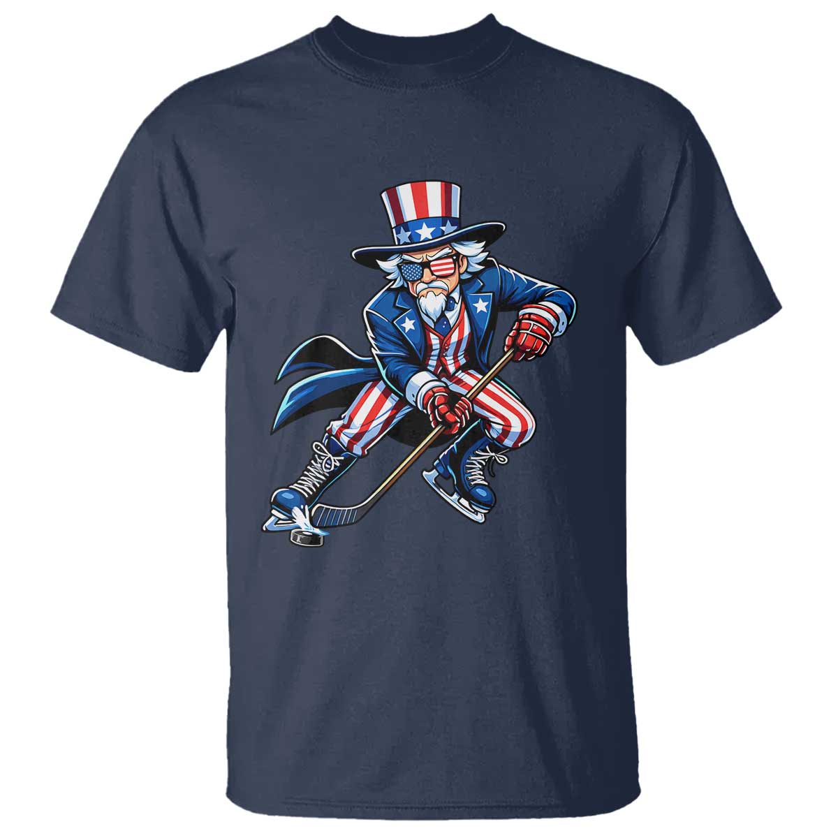 Uncle Sam Playing Hockey Patriotic Graphic T Shirt Funny USA Ice Hockey American Pride TS02 Navy Print Your Wear