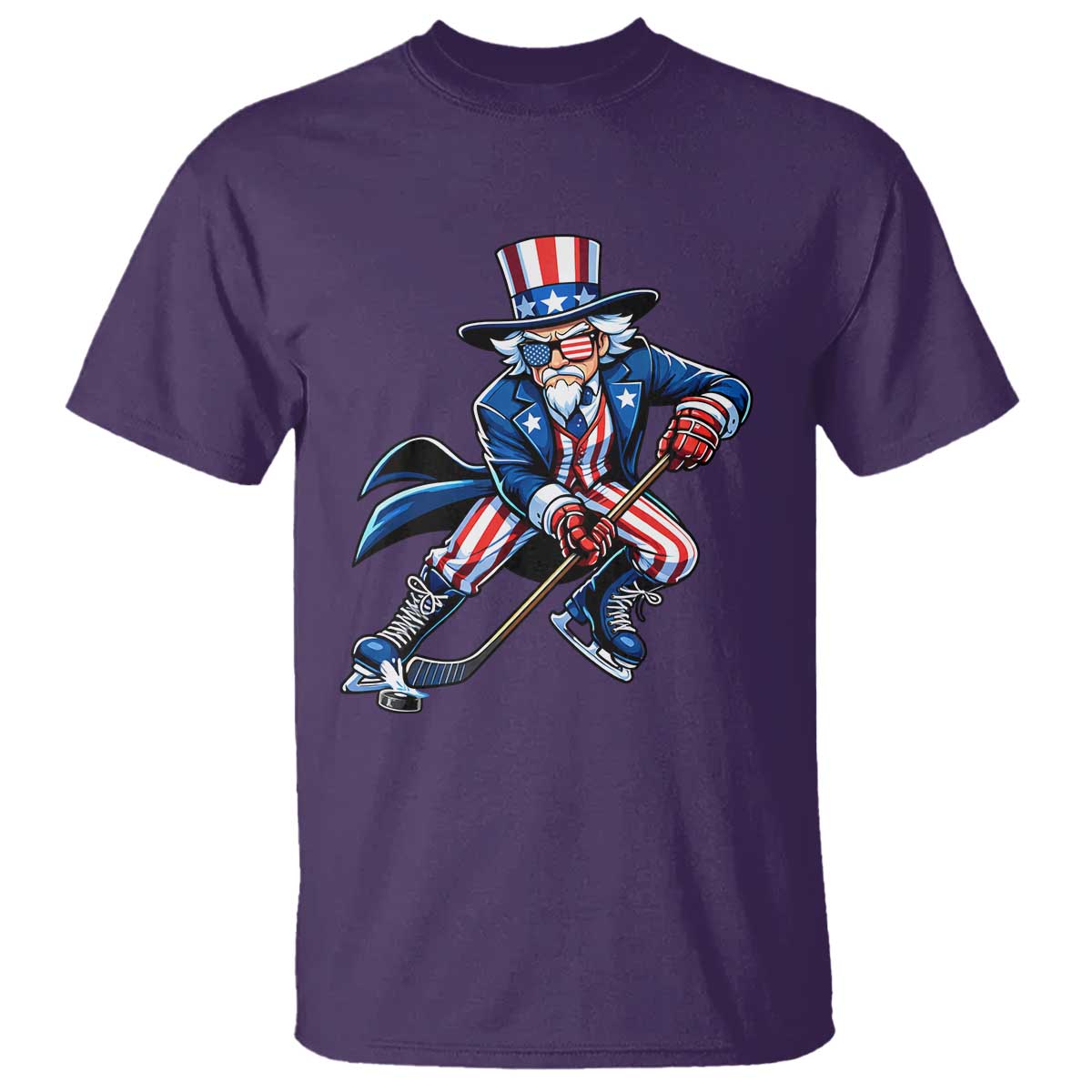 Uncle Sam Playing Hockey Patriotic Graphic T Shirt Funny USA Ice Hockey American Pride TS02 Purple Print Your Wear