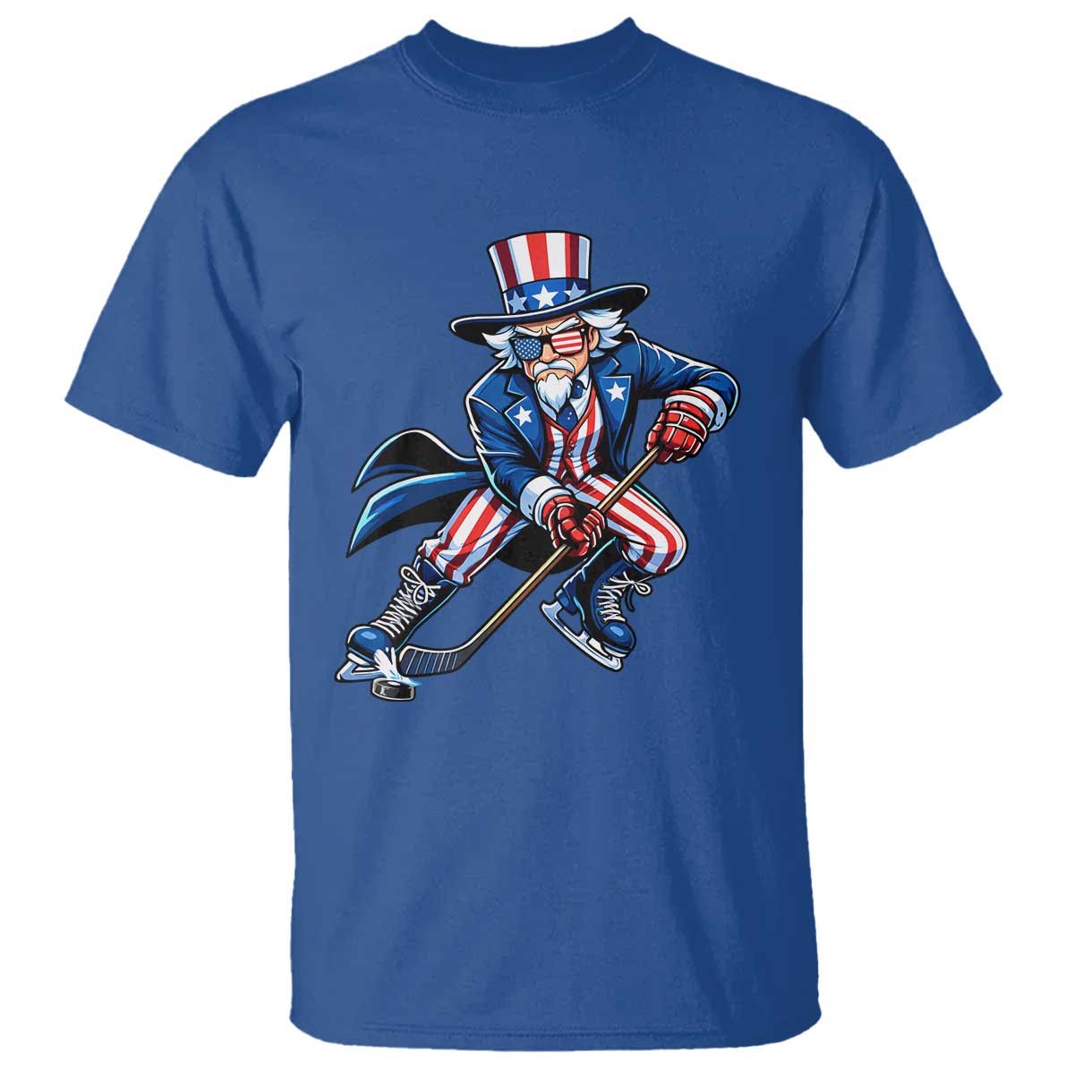 Uncle Sam Playing Hockey Patriotic Graphic T Shirt Funny USA Ice Hockey American Pride TS02 Royal Blue Print Your Wear