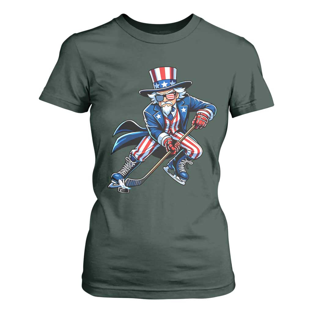 Uncle Sam Playing Hockey Patriotic Graphic T Shirt For Women Funny USA Ice Hockey American Pride TS02 Dark Forest Green Print Your Wear
