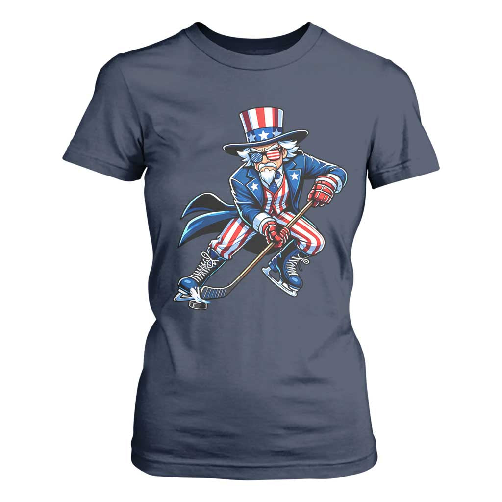 Uncle Sam Playing Hockey Patriotic Graphic T Shirt For Women Funny USA Ice Hockey American Pride TS02 Navy Print Your Wear