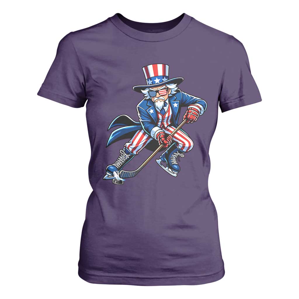 Uncle Sam Playing Hockey Patriotic Graphic T Shirt For Women Funny USA Ice Hockey American Pride TS02 Purple Print Your Wear