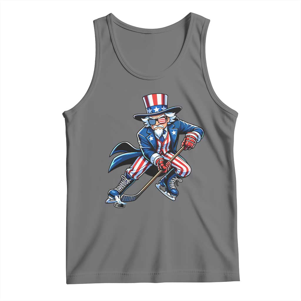 Uncle Sam Playing Hockey Patriotic Graphic Tank Top Funny USA Ice Hockey American Pride TS02 Black Heather Print Your Wear