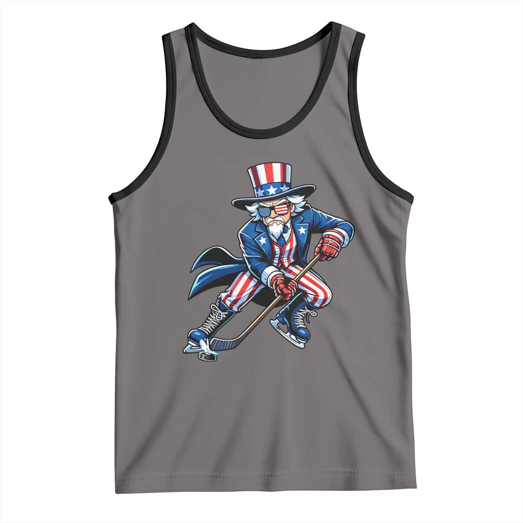 Uncle Sam Playing Hockey Patriotic Graphic Tank Top Funny USA Ice Hockey American Pride TS02 Deep Heather Black Print Your Wear