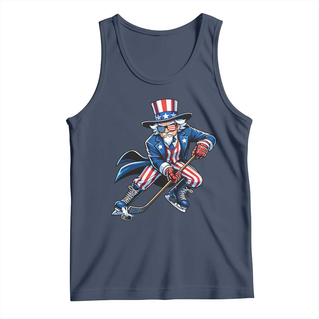 Uncle Sam Playing Hockey Patriotic Graphic Tank Top Funny USA Ice Hockey American Pride TS02 Navy Print Your Wear