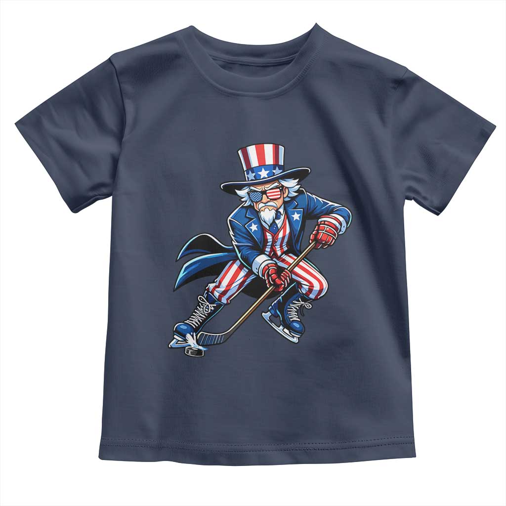 Uncle Sam Playing Hockey Patriotic Graphic Toddler T Shirt Funny USA Ice Hockey American Pride TS02 Navy Print Your Wear