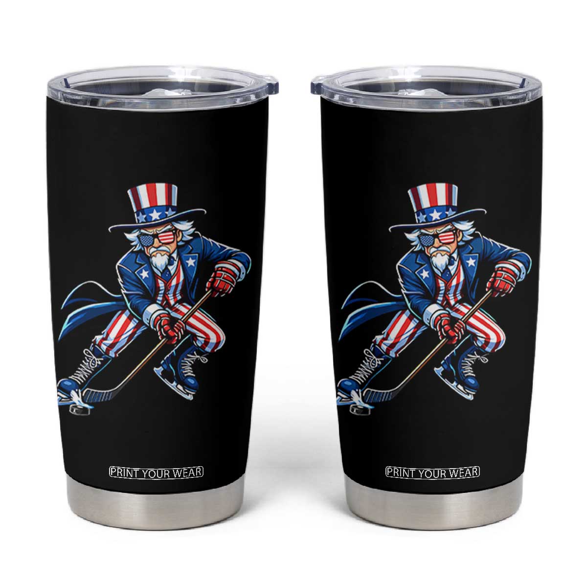Uncle Sam Playing Hockey Patriotic Graphic Tumbler Cup Funny USA Ice Hockey American Pride TS02 Black Print Your Wear