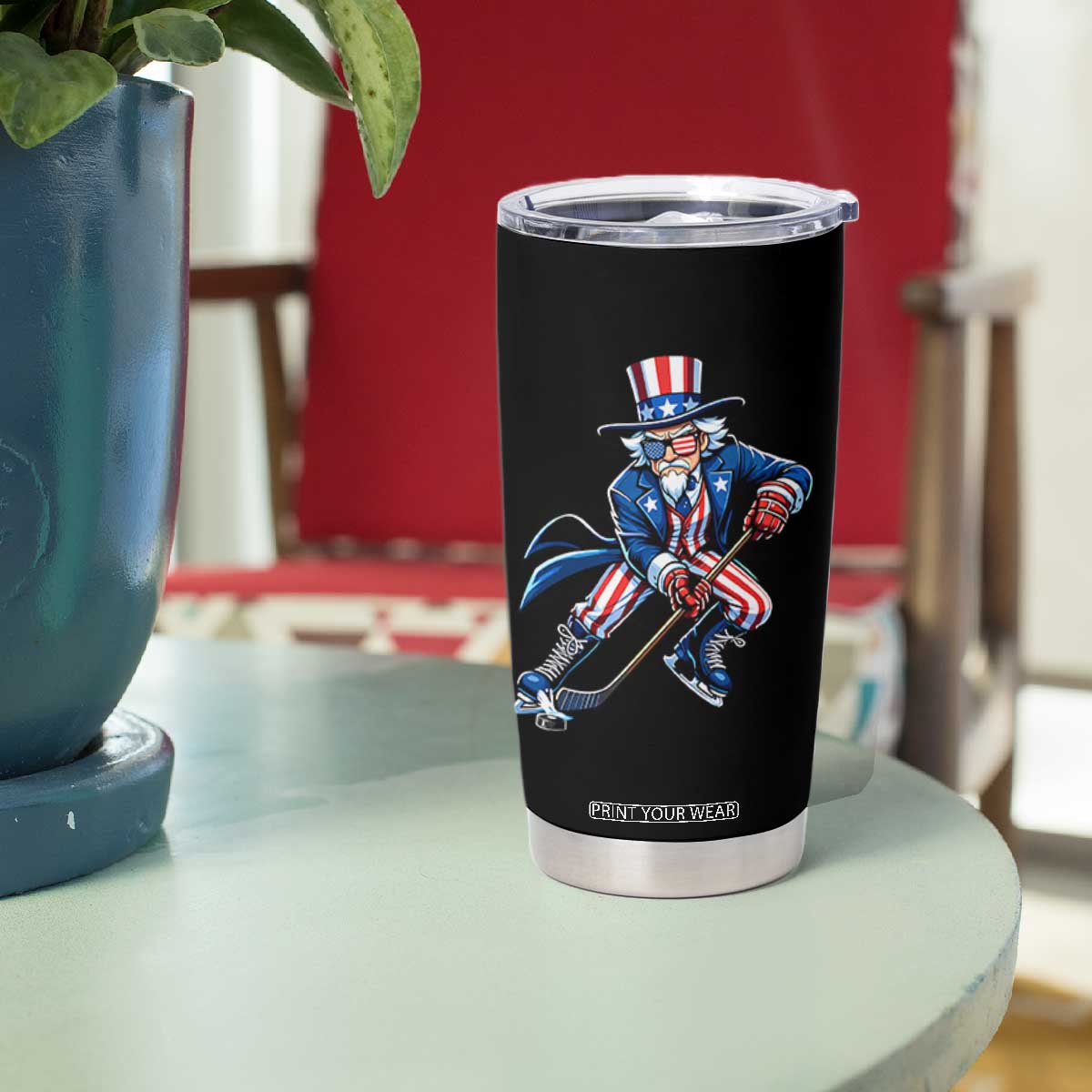 Uncle Sam Playing Hockey Patriotic Graphic Tumbler Cup Funny USA Ice Hockey American Pride TS02 Print Your Wear