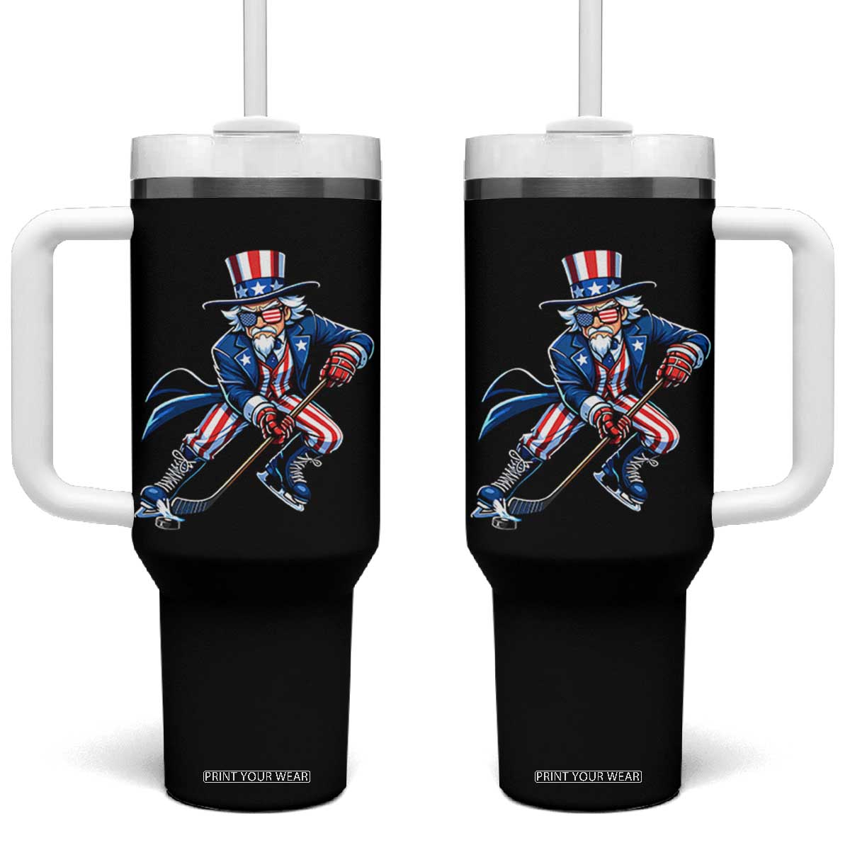 Uncle Sam Playing Hockey Patriotic Graphic Tumbler With Handle Funny USA Ice Hockey American Pride TS02 One Size: 40 oz Black Print Your Wear