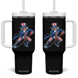 Uncle Sam Playing Hockey Patriotic Graphic Tumbler With Handle Funny USA Ice Hockey American Pride TS02 One Size: 40 oz Black Print Your Wear
