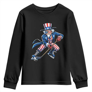 Uncle Sam Playing Hockey Patriotic Graphic Youth Sweatshirt Funny USA Ice Hockey American Pride TS02 Black Print Your Wear