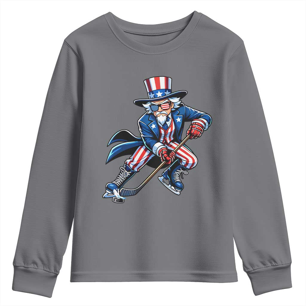 Uncle Sam Playing Hockey Patriotic Graphic Youth Sweatshirt Funny USA Ice Hockey American Pride TS02 Charcoal Print Your Wear