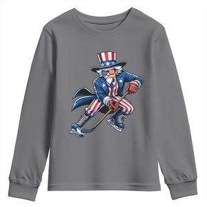 Uncle Sam Playing Hockey Patriotic Graphic Youth Sweatshirt Funny USA Ice Hockey American Pride TS02 Charcoal Print Your Wear