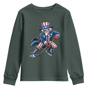 Uncle Sam Playing Hockey Patriotic Graphic Youth Sweatshirt Funny USA Ice Hockey American Pride TS02 Dark Forest Green Print Your Wear