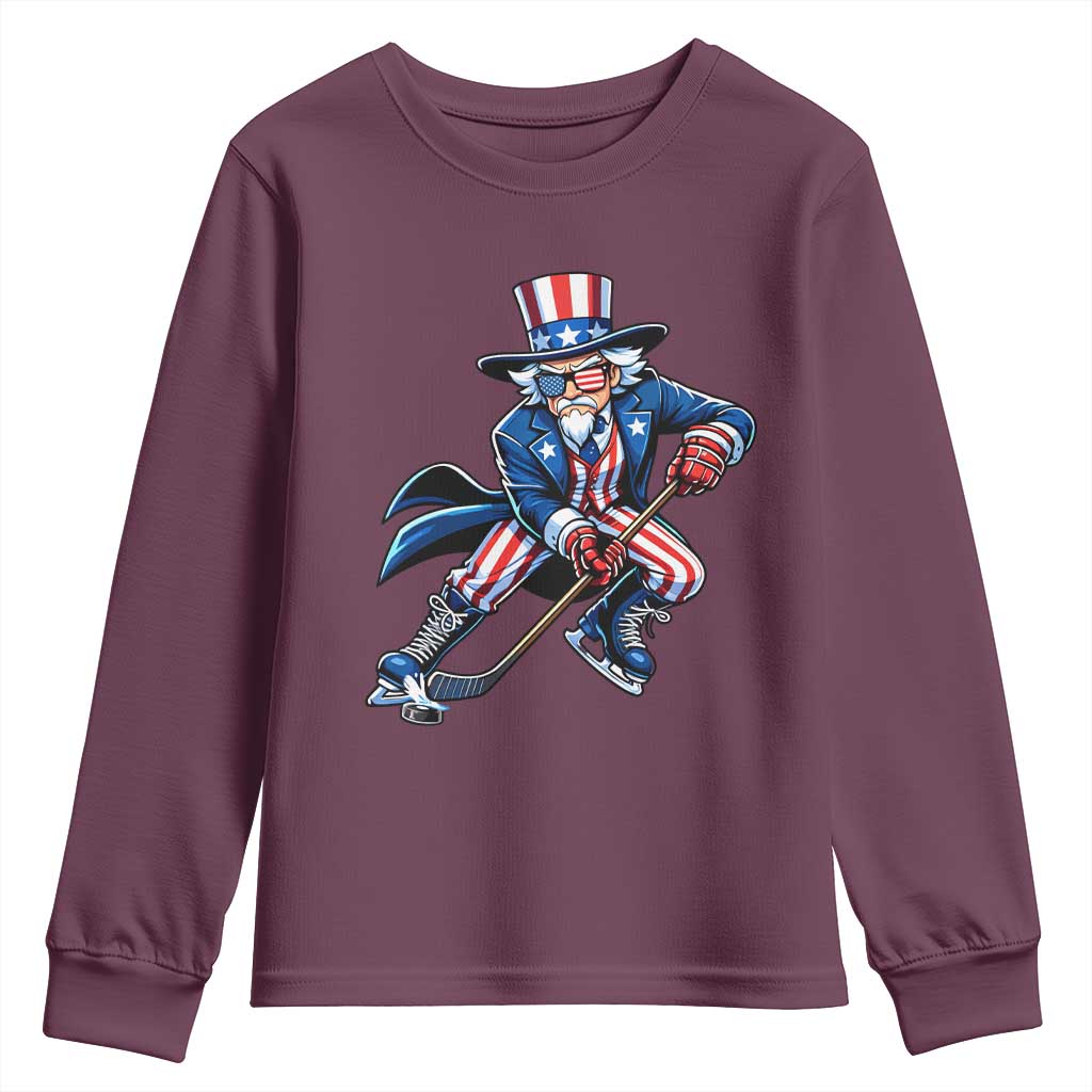 Uncle Sam Playing Hockey Patriotic Graphic Youth Sweatshirt Funny USA Ice Hockey American Pride TS02 Maroon Print Your Wear