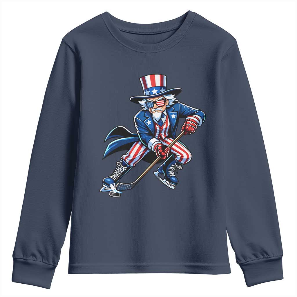 Uncle Sam Playing Hockey Patriotic Graphic Youth Sweatshirt Funny USA Ice Hockey American Pride TS02 Navy Print Your Wear
