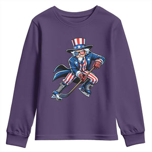 Uncle Sam Playing Hockey Patriotic Graphic Youth Sweatshirt Funny USA Ice Hockey American Pride TS02 Purple Print Your Wear