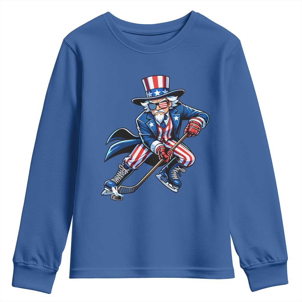 Uncle Sam Playing Hockey Patriotic Graphic Youth Sweatshirt Funny USA Ice Hockey American Pride TS02 Royal Blue Print Your Wear