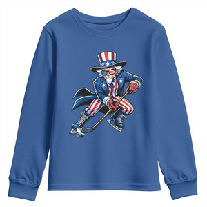 Uncle Sam Playing Hockey Patriotic Graphic Youth Sweatshirt Funny USA Ice Hockey American Pride TS02 Royal Blue Print Your Wear