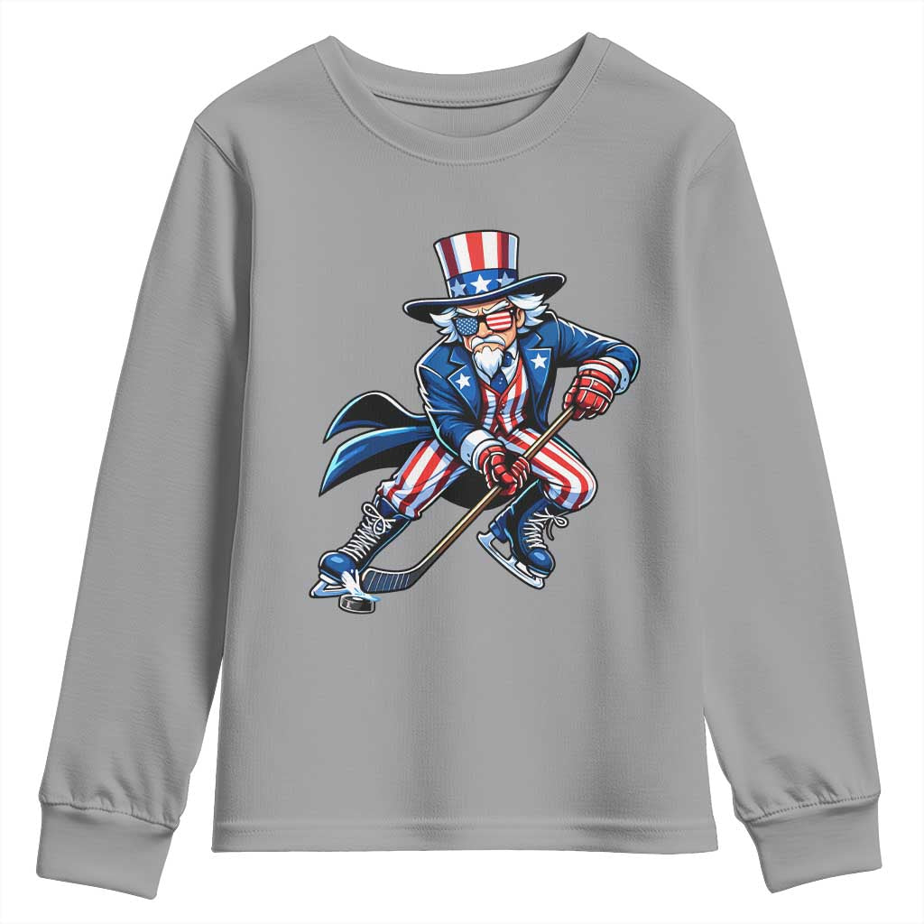 Uncle Sam Playing Hockey Patriotic Graphic Youth Sweatshirt Funny USA Ice Hockey American Pride TS02 Sport Gray Print Your Wear