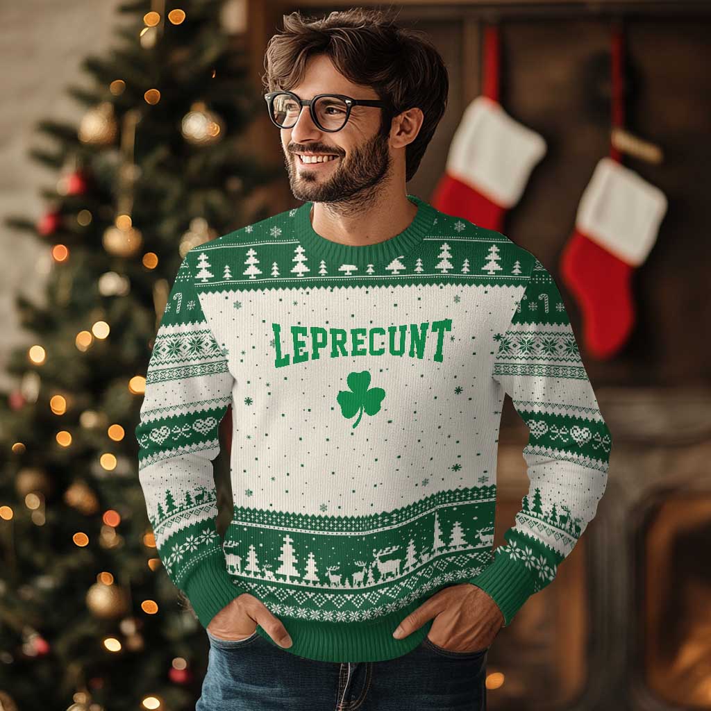Leprecunt Bold Shamrock Graphic Ugly Christmas Sweater Funny Irish St Patricks Day Party Adult Humor