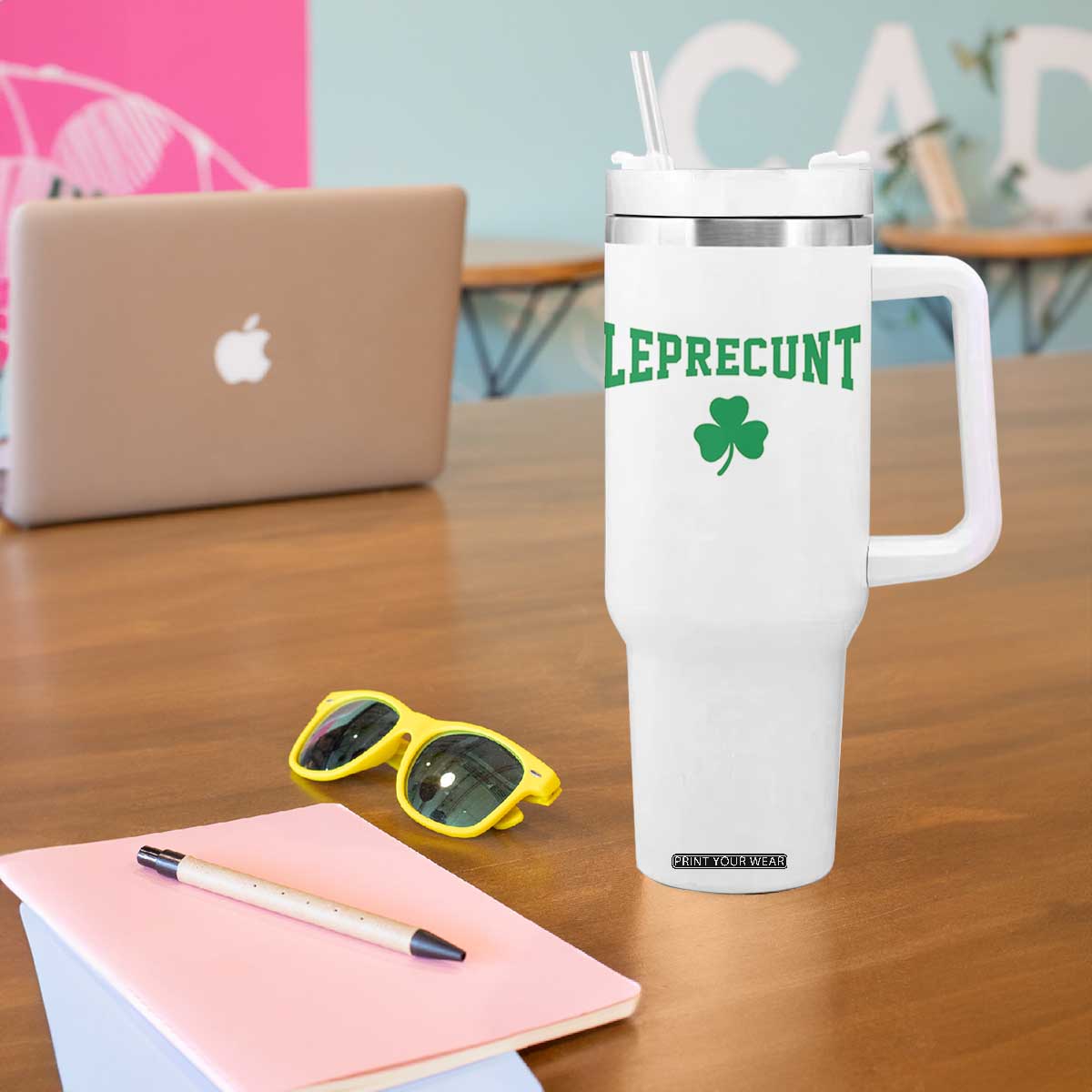 Leprecunt Bold Shamrock Graphic Tumbler With Handle Funny Irish St Patricks Day Party Adult Humor TS02 Print Your Wear