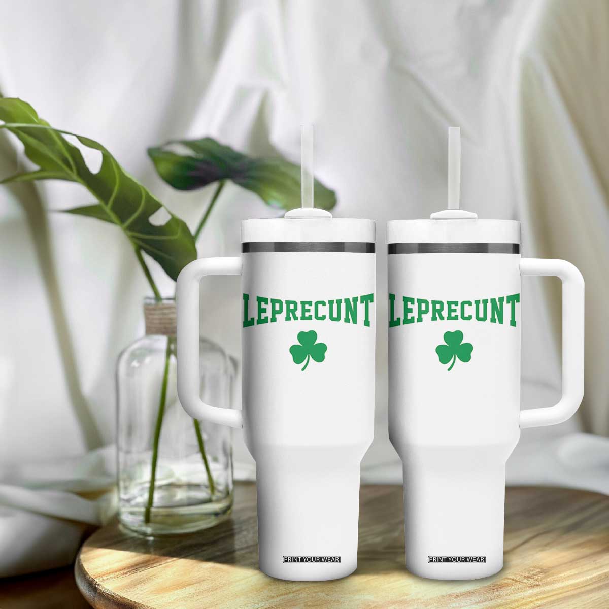 Leprecunt Bold Shamrock Graphic Tumbler With Handle Funny Irish St Patricks Day Party Adult Humor TS02 Print Your Wear