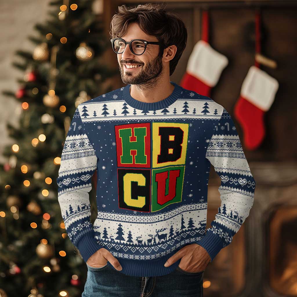 HBCU Block Letter Pride Graphic Ugly Christmas Sweater College Support Statement Black Excellence TS02 Navy Beige Print Your Wear