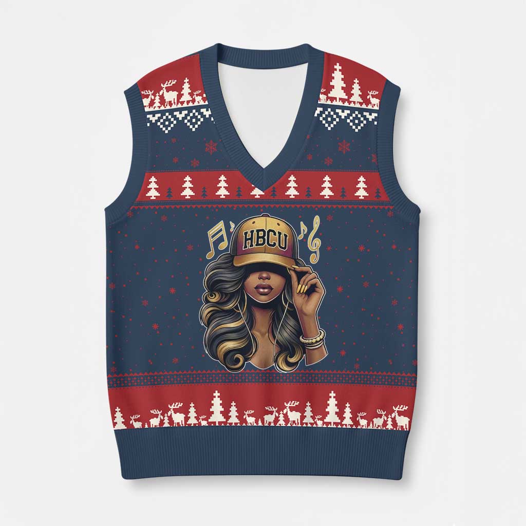 HBCU Queen Vibes V-Neck Knit Sweater Vest Melanin Music College Pride for Black Excellence Supporters TS02 Navy Red Print Your Wear