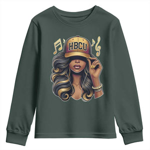 HBCU Queen Vibes Youth Sweatshirt Melanin Music College Pride for Black Excellence Supporters TS02 Dark Forest Green Print Your Wear