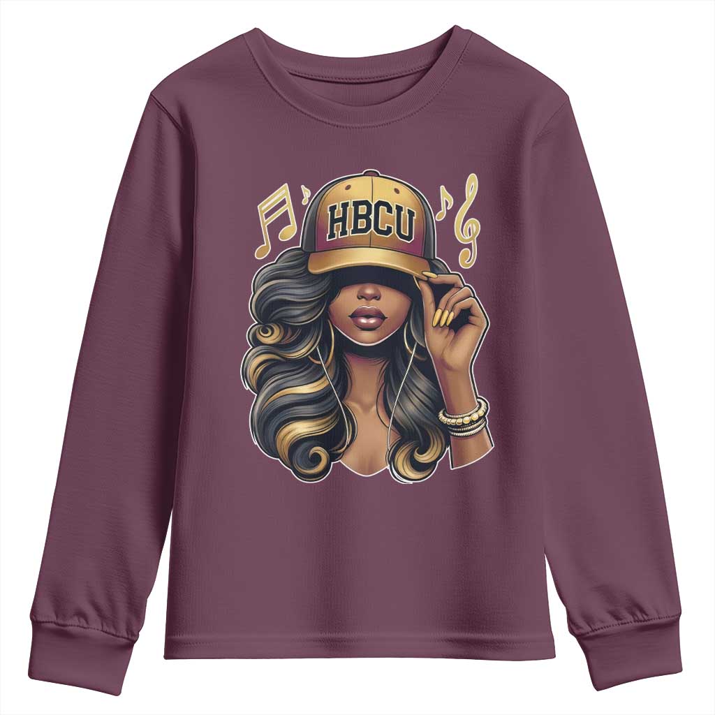 HBCU Queen Vibes Youth Sweatshirt Melanin Music College Pride for Black Excellence Supporters TS02 Maroon Print Your Wear
