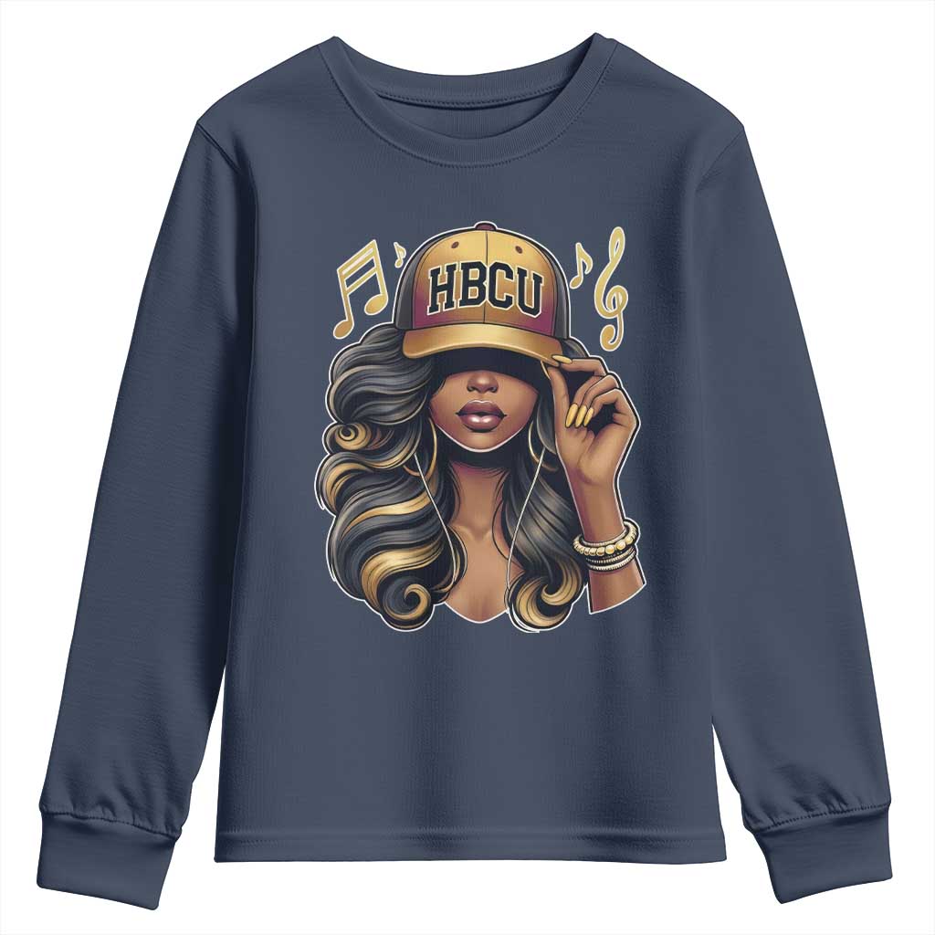 HBCU Queen Vibes Youth Sweatshirt Melanin Music College Pride for Black Excellence Supporters TS02 Navy Print Your Wear