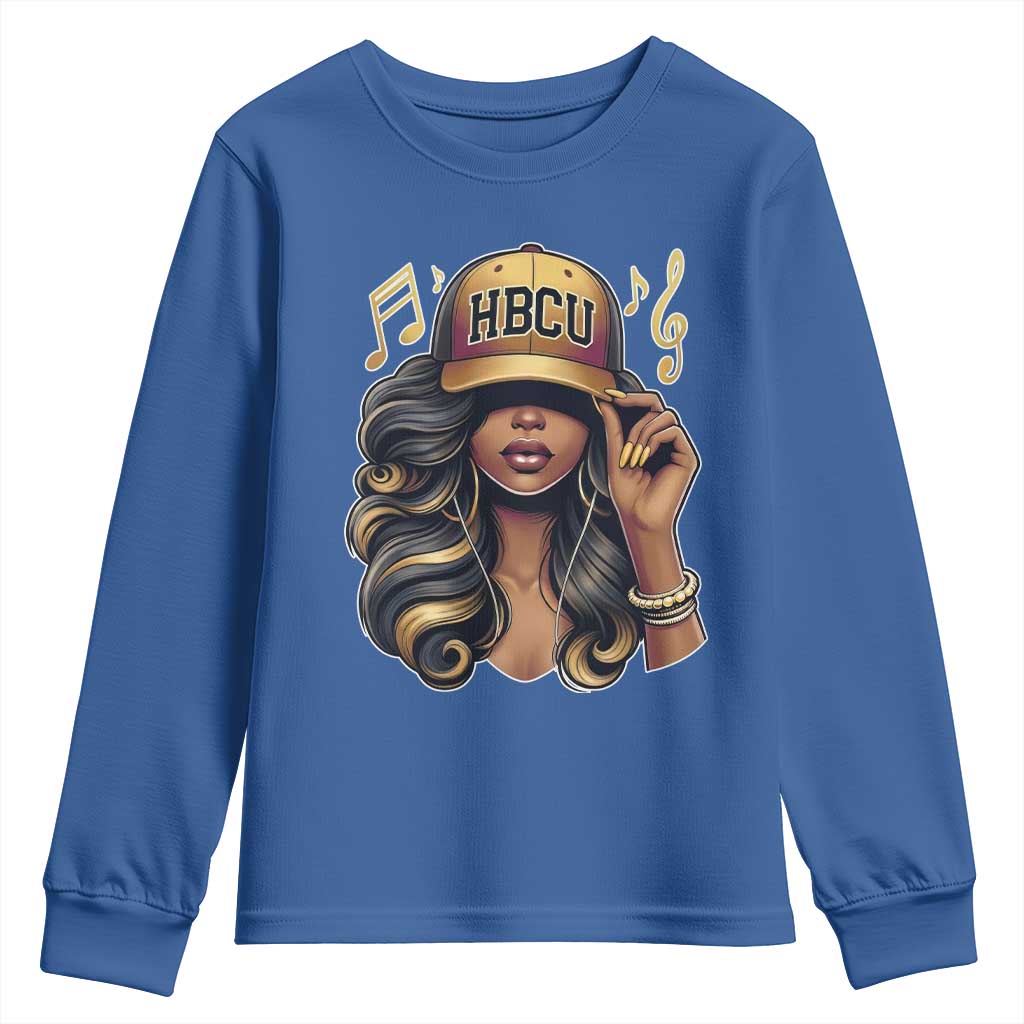 HBCU Queen Vibes Youth Sweatshirt Melanin Music College Pride for Black Excellence Supporters TS02 Royal Blue Print Your Wear