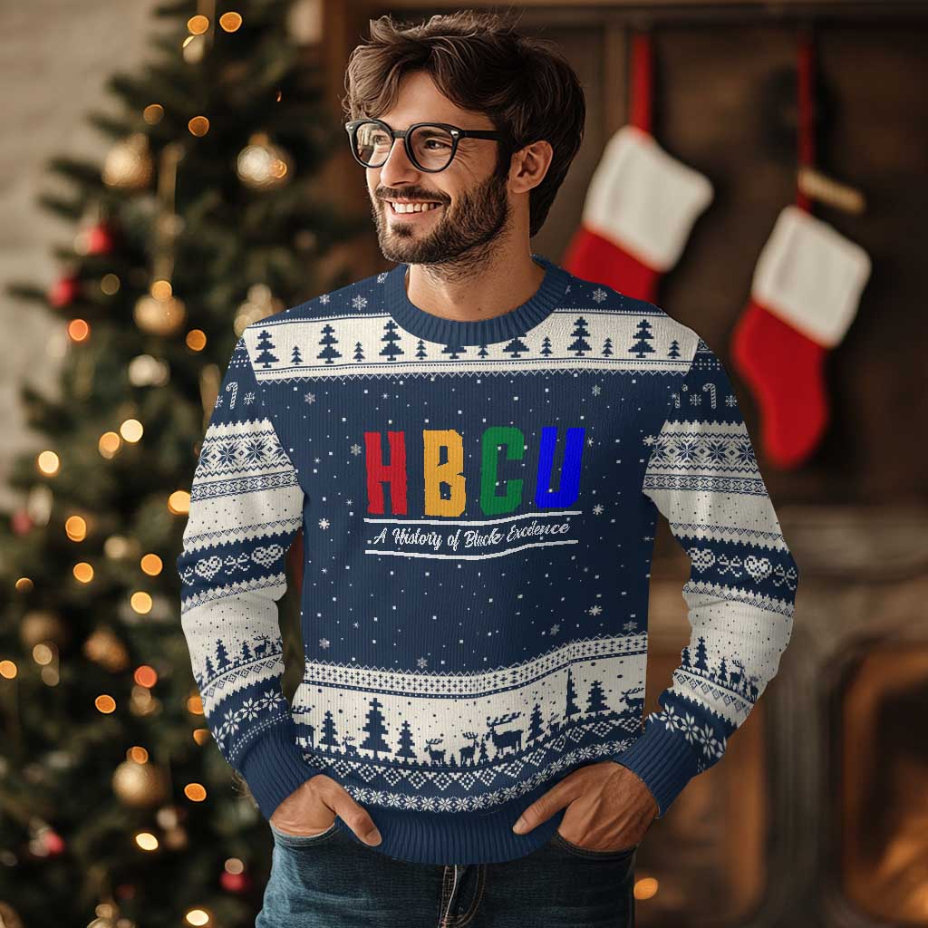 HBCU A History of Black Excellence Ugly Christmas Sweater College Pride Statement Celebrating African American Achievement TS02 Navy Beige Print Your Wear
