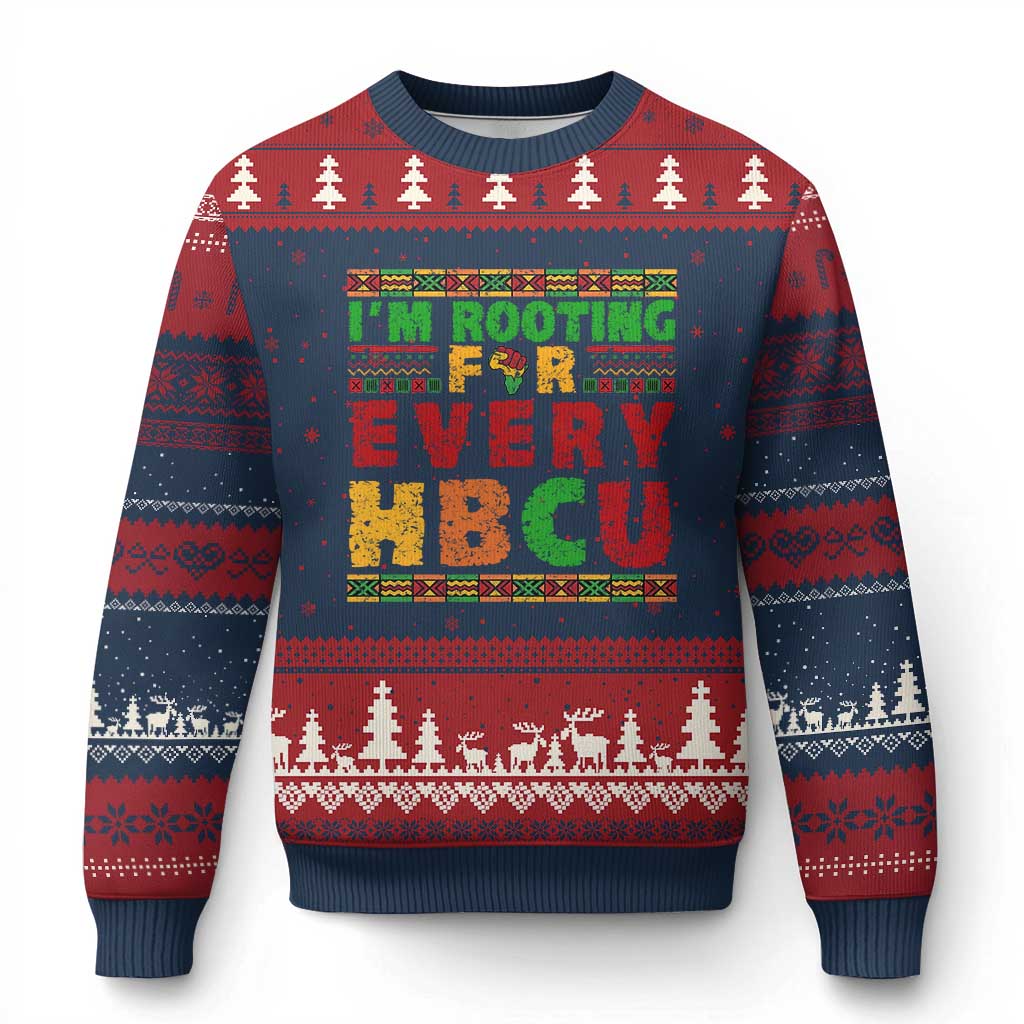 I’m Rooting for Every HBCU Ugly Christmas Sweater Pan African Pride College Support Statement TS02 Navy Red Print Your Wear