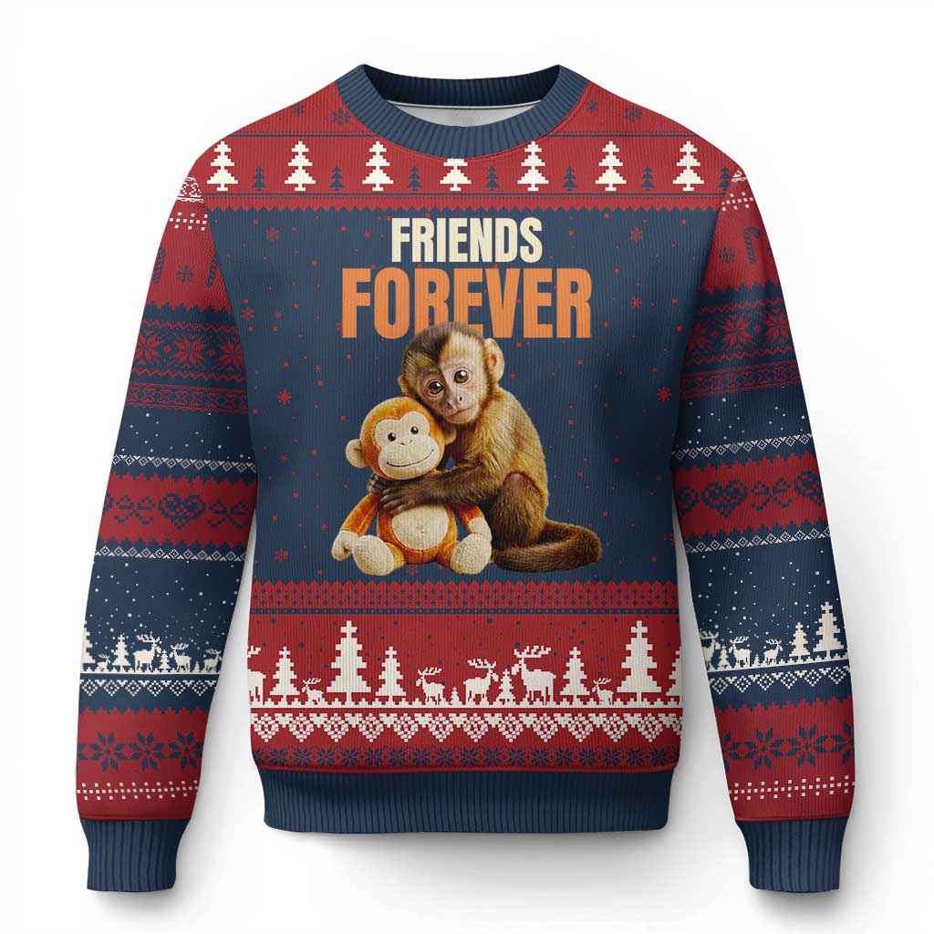 Friends Forever Viral Punch The Monkey Ugly Christmas Sweater Cute Baby Monkey Hugging Plush Toy Best Friend Gift TS02 Navy Red Print Your Wear